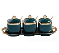 OUYUE Salero Y Azucarero Cocina Juego De Recipientes Para Condimentos Cerámica, Set Sazonadores Con Tapa Cuchara Y Bandeja, Botella Especias, Para, Cocina Caja De Almacenamiento(Dark green)