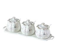 OUYUE Salero Y Azucarero Cocina Juego De Sazonadores Cerámica, Tarro Condimentos Para El Hogar, Botella Condimento Glutamato Monosódico, Combinación Con Bandeja, 3 Uds Caja De Almacenamiento(B)