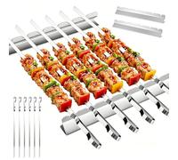 OUZHOU Brochetas para barbacoa de acero inoxidable con soporte para pinchos para barbacoa, 6 brochetas para barbacoa con 2 soportes y bolsa de transporte, accesorios para barbacoa, regalo para hombres