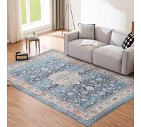 OUZUIU Alfombra lavable a máquina, estilo bohemio, antideslizante, suave, de poliéster, con patrón geométrico, para decoración de sala de estar y dormitorio, color azul vintage, fácil de limpiar, 150