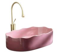 Oval Pink Ceramic Bathroom Sink with Gold Faucet & Pop-Up Drain, Modern Bathroom Vanity Sinks with Wavy Edges, Easy-to-Clean