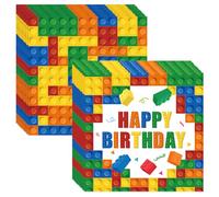 Ovanda 20 servilletas de bloques de construcción (33 x 33 cm), bloques de construcción para fiestas de cumpleaños, bloques de construcción, decoración de mesa de cumpleaños, servilletas de papel para