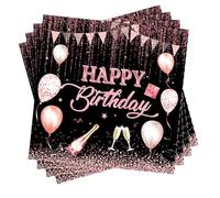 Ovanda 20 servilletas decorativas de cumpleaños de oro rosa (33 x 33 cm), servilletas de mesa para niñas, servilletas de papel negro y oro rosa, servilletas de papel para fiestas, decoración de
