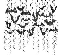 Ovanda 30 espirales colgantes de Halloween, decoración de murciélago, color | 30 colgadores de techo de murciélago negros con 6 motivos brillantes para fiestas de Halloween, fiestas de miedo, ventanas