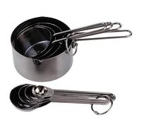 OVAQUIXI Juego de 8 Tazas y Cucharas Medidoras de Acero Inoxidable 304 con Escalas Grabadas, Hebilla Desmontable, Largo para Hornear en Casa, Cafetería, Bar (BLACK)