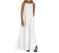 OVARA Vestido de verano sin mangas para mujer con tirantes espagueti de algodón y lino, vestidos maxi de corte clásico, elegante, casual, liso, vestido de sol con abertura lateral