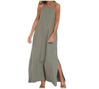 OVARA Vestido de verano sin mangas para mujer con tirantes espagueti de algodón y lino, vestidos maxi de corte clásico, elegante, casual, liso, vestido de sol con abertura lateral