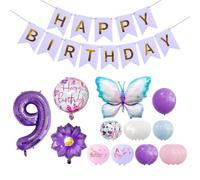 OVDGWC 2 Piezas del Noveno Globo De Cumpleaños Y 1 Juego De Banderas De Cumpleaños, Globos De Elementos De Mariposa, Globos De Niñas, Decoraciones De Fiesta