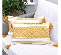 Oveesha Juego de 2 fundas decorativas para cojín lumbar con borlas bohemias, color amarillo mostaza, 12 x 20 pulgadas, fundas de cojín rectangulares pequeñas para sofá, funda de almohada tejida de