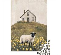 Oveja de Cara Negra Casa Rural Puzzle de 1000 Piezas Papel para Adultos Campo de Flores Relajación Concentración Decoración Regalo 70x50cm/1000pcs