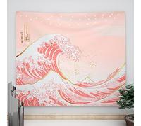 Ovenbird Tapiz de ondas rosa pastel y dorado, tapiz japonés para dormitorio, tapiz rosa para colgar en la pared, 59 x 51 pulgadas