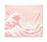 Ovenbird Tapiz de ondas rosa pastel y dorado, tapiz japonés para dormitorio, tapiz rosa para colgar en la pared, 59 x 51 pulgadas
