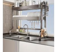 Over-Sink Dish Drainer Rack - 2-Tier Gunmetal Gray, Adjustable 3 Positions, Large Capacity For 33In Kitchen Space Saver, Sturdy Stylish Dish Drying Solution,5549 Gun Gray Double La