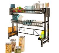 Over Sink Dish Drying Rack, 2-Tier Adjustable Kitchen Organizer Shelf, Stainless Steel Dish Drainer with Utensil Holder, Space-Saving Storage for Plates Bowls Cups Cloths Counter Cleaning Accessories