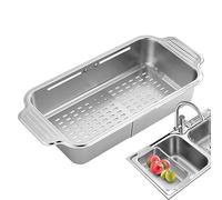 Over The Sink Dish Drainer, Adjustable Kitchen Sink Drying Rack with Draining Strainer Basket, Multi-Use Colander Stopper Tray for Washing Fruits, Vegetables, Food Prep, Home, Bathroom