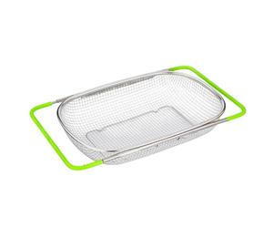 Over The Sink Mesh Colander - Telescopic Drying Rack, Adjustable Drainer Basket with Protective Feet, Heavy Duty Chrome Finish, High Capacity Frame, for Fruit Washing and Kitchen Dish Organization