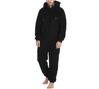 Overall Mono de invierno cálido para hombre, pijama mullido onesie acogedor suave, traje de cuerpo entero largo monocolor, traje de casa con capucha de felpa, chándal sudadera con cremallera, O negro