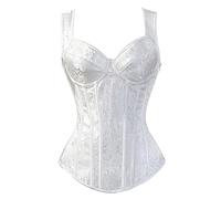 Overbust Corsé de línea larga para mujer, corpiño de encaje, corsé con varillas y cintura de brocado floral, Blanco, Small