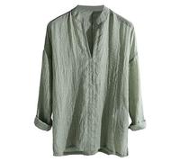 Overdose Camisas Informales para Hombres de Lino de Manga Larga Transpirable Sueltas de Color sólido con Cuello en V Cuello Alto Blusa Holgada