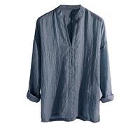 Overdose Camisas Informales para Hombres de Lino de Manga Larga Transpirable Sueltas de Color sólido con Cuello en V Cuello Alto Blusa Holgada