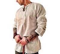 Overdose Tops de Hombre Primavera Retro algodón Puro cáñamo Manga Larga Personalidad de Moda Medieval Vintage Top Color sólido Blusa Elegante