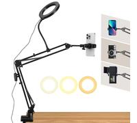 Overhead - Trípode para teléfono móvil con luz de anillo, flexible, soporte de brazo con anillo de luz LED, 3 colores de luz + 10 brillo, soporte de escritorio para YouTube, stream en vivo, cocina