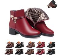 Overhil1s Botas ortopédicas de lana y cuero genuino for mujer, cálidas botas de nieve con cuña de lana for otoño e invierno, botas ortopédicas impermeables con cremallera lateral de cuero(Red,40 EU)