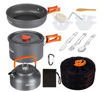 OVERMONT 14Pcs Kit de Utensilios Cocina Camping Olla Sartén Tetera Vajilla para Acampada Senderismo Excursión al Aire Llibre de Aluminio