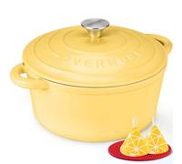 Overmont Cacerola redonda de hierro fundido esmaltado con tapa, 24 cm/4,2 L, libro de cocina, horno holandés antiadherente para estofar, guisos, asar y hornear pan, color amarillo ganso
