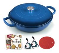 Overmont Cacerola Redonda de Hierro Fundido Esmaltado,con Tapa y Asas,Olla Antiadherente Poco Profunda,para Cocinar en Horno Plancha Cocina de Inducción,para Guisar, Paella,31cm,3.5L,Azul