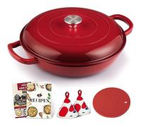 Overmont Cacerola Redonda de Hierro Fundido Esmaltado,con Tapa y Asas,Olla Antiadherente Poco Profunda,para Cocinar en Horno Plancha Cocina de Inducción,para Guisar, Paella,31cm,3.5L,Rosa