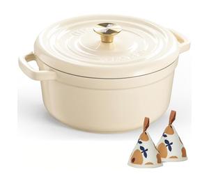 Overmont Horno holandés de hierro fundido esmaltado, olla de 5 cuartos con tapa, libro de cocina y agarraderas de algodón, utensilios de cocina resistentes para estofar, guisos, asar, hornear pan,