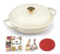 Overmont Horno holandés de hierro fundido esmaltado - Olla holandesa de 3.8 cuartos de galón con tapa - Sartén de hierro fundido con libro de cocina y tapas resistentes al calor - Apto para horno
