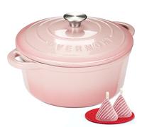 Overmont Olla de Hierro Fundido - Antiadherente Cacerola Holandesa de Esmaltado con Tapa - Ø24 CM Redonda Cacerola Holandesa para Cocinas de Inducción - Rosa