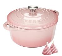 Overmont Olla de Hierro Fundido - Antiadherente Cacerola Holandesa de Esmaltado con Tapa - Ø24 CM Redonda Cacerola Holandesa para Cocinas de Inducción - Rosa