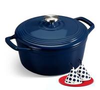 Overmont Olla de Hierro Fundido - Antiadherente Cacerola Holandesa de Esmaltado con Tapa - Ø24 CM Redonda Cacerola Holandesa para Cocinas de Inducción - índigo