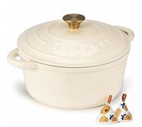 Overmont Olla de Hierro Fundido - Antiadherente Cacerola Holandesa de Esmaltado con Tapa - Ø24 CM Redonda Cacerola Holandesa para Cocinas de Inducción - Blanco