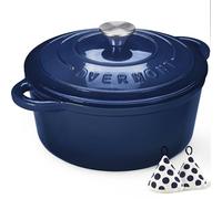 Overmont Olla de Hierro Fundido - Antiadherente Cacerola Holandesa de Esmaltado con Tapa - Ø26 cm Redonda Cacerola Holandesa para Cocinas de Inducción - Deep Indigo
