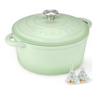 Overmont Olla de Hierro Fundido - Antiadherente Cacerola Holandesa de Esmaltado con Tapa - Ø26 cm Redonda Cacerola Holandesa para Cocinas de Inducción - Degradado verde frijol