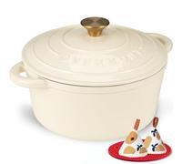 Overmont Olla de Hierro Fundido - Antiadherente Cacerola Holandesa de Esmaltado con Tapa - Ø28 CM Redonda Cacerola Holandesa para Cocinas de Inducción - Blanco