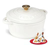 Overmont Olla de Hierro Fundido - Antiadherente Cacerola Holandesa de Esmaltado con Tapa - Ø28 CM Redonda Cacerola Holandesa para Cocinas de Inducción - Blanco perla