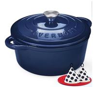 Overmont Olla de Hierro Fundido - Antiadherente Cacerola Holandesa de Esmaltado con Tapa - Ø28 CM Redonda Cacerola Holandesa para Cocinas de Inducción - índigo