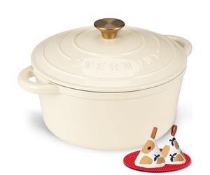 Overmont Olla de Hierro Fundido Esmaltado - Cacerola Holandesa Redonda Ø26 CM con Tapa - Dutch Oven Antiadherente para Guisar Cocinar Hornear - Cazuela Aptas para Inducción - 5,2L Blanco