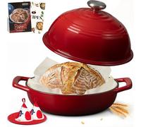 Overmont Olla de hierro fundido esmaltado para Hornear pan - 5.7L Olla holandesa Cacerola con tapa y libro de recetas - Apta para cocina, hornear, estofar y asar - Rojo