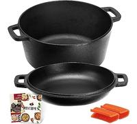 Overmont Olla Holandesa 4.73 L/ 5 Quart Cacerola de Hierro Fundido Tapa de Doble Función Sartén Plancha Pre Sazonado con Cubiertas de Manijas para Camping Cocina Casera Barbacoa Hornear