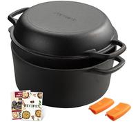 Overmont Olla Holandesa 6.6 L/ 7 Quart Cacerola de Hierro Fundido Tapa de Doble Función Sartén Plancha Pre Sazonado con Cubiertas de Manijas para Camping Cocina Casera Barbacoa Hornear