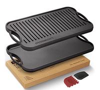 OVERMONT Plancha Reversible 2 en 1 de Hierro Fundido 43,2 x 24,9 cm, Negro | Cara estriada para carne, cara lisa para huevos y tortitas; para cocina, horno, barbacoa y camping, con 2 rasquetas