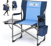 OVERMONT Silla de Camping Plegable - Silla de Director Plegable - Soporta hasta 180 kg - Silla Plegable con Mesa Lateral y Bolsa Isotérmica para Camping Pesca Festival Azul