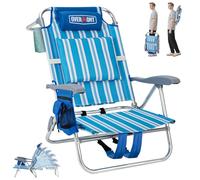 OVERMONT Silla de Playa Baja Plegable Ligera y con Bolsa de Transporte - Respaldo Alto de Malla, reposabrazos Acolchados, portavasos - hasta 150 kg - Azul