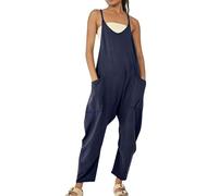 Overol casual sin mangas, overoles holgados con cuello en V, tirantes delgados, pantalones de pierna ancha, pantalones de verano, cómodos pantalones casuales, pantalones largos sueltos con dos